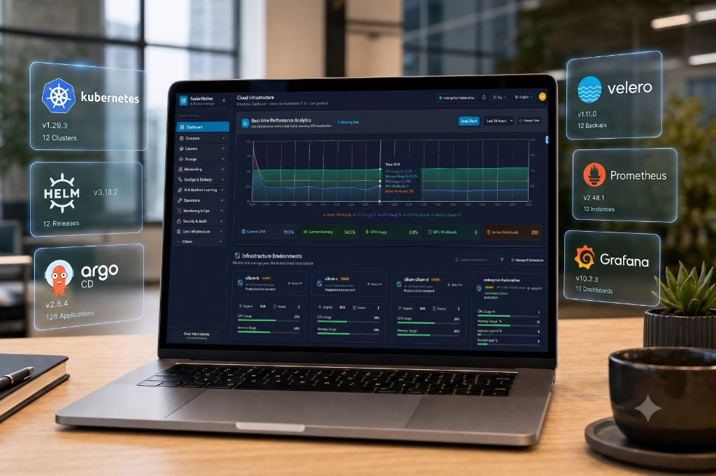 FusioNative Cloud Admin on a laptop integrated with Kubernetes, Helm, Argo CD, Velero, Prometheus, and Grafana